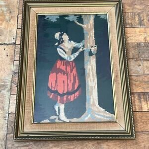 VTG Needlepoint Cross-Stitch Yarn Art Gold Ornate Frame Victorian Woman